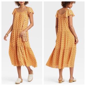 KNOX ROSE Tiered Maxi Dress Size Large Geometric Print Mustard Yellow Bohemian